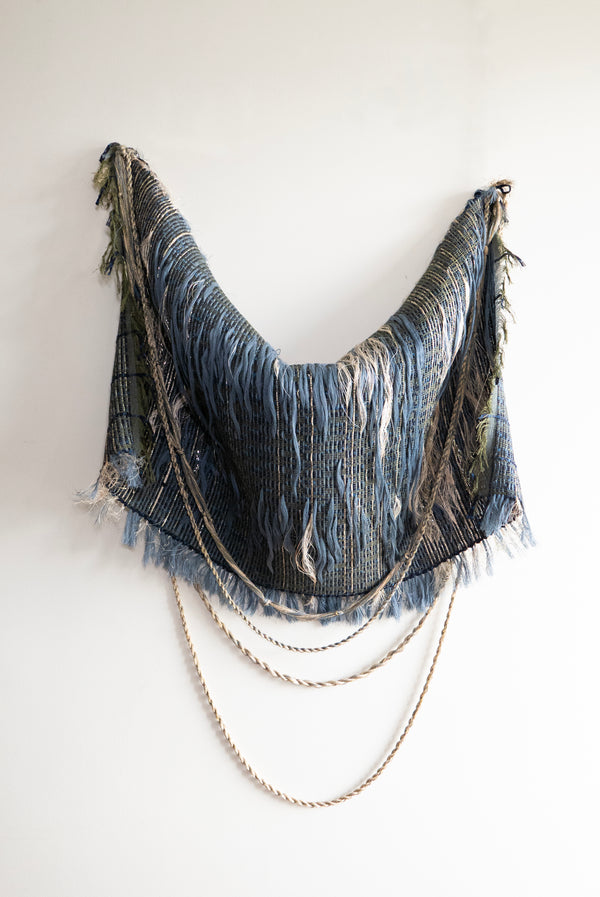 Claudia Bloxsome, It Doesn't End or Begin, linen, gold washi thread, ramie, cotton ikat bundles, lurex, 2026